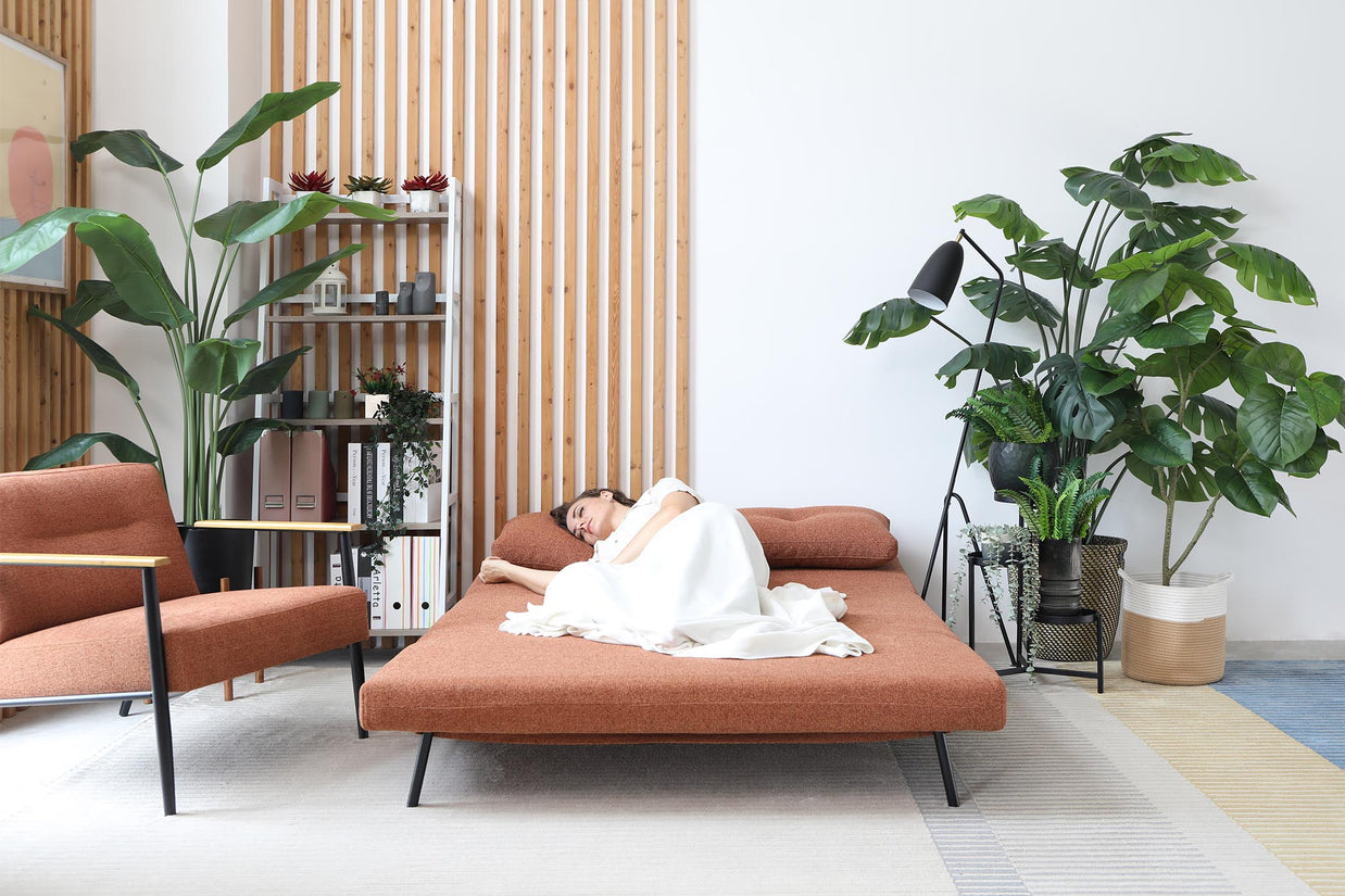  model sleeping on the sofa bed in living room
